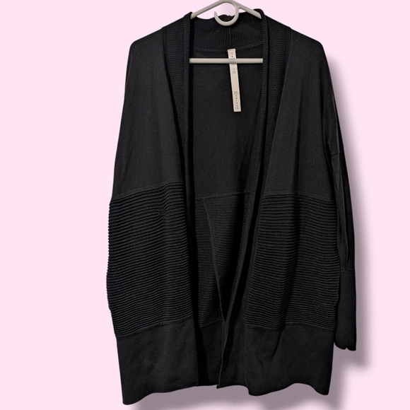 Lululemon Black 100% Merino Wool Ribbed Longline Open Front Sit In Lotus Wrap 6 - Picture 2 of 14